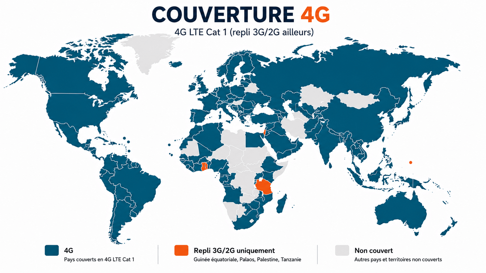 Mapa de cobertura 4G del localizador REACT 1203 TRAKmy: 168 países cubiertos con conmutación 3G y 2G