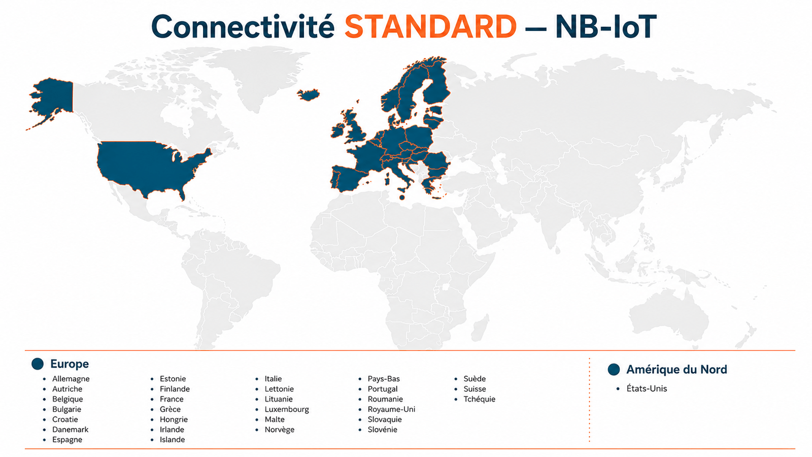 Mapa de cobertura NB-IoT del plan STANDARD TRAKmy: Europa y Estados Unidos