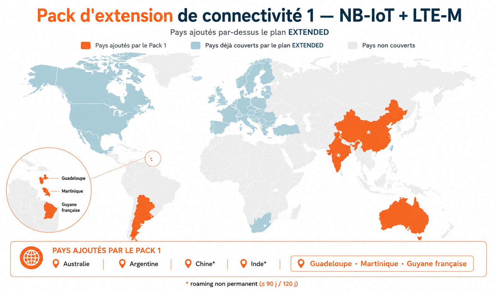 Mapa de cobertura NB-IoT y LTE-M plan EXTENDED con Pack de extensión 1 TRAKmy, incluye Guadalupe, Martinica y Guayana Francesa