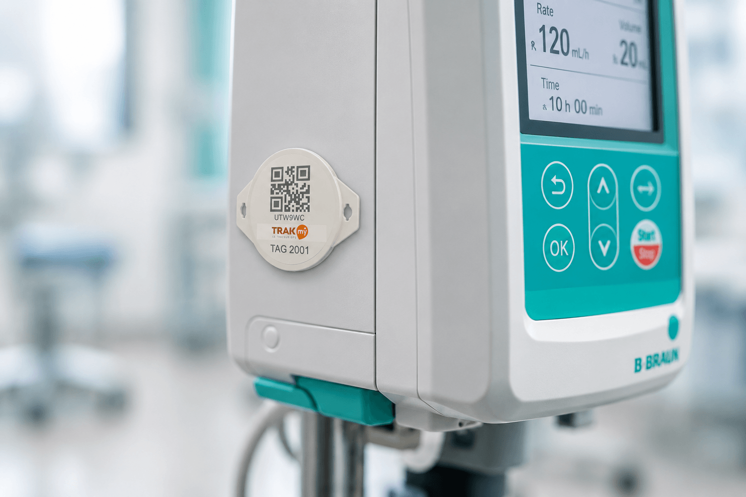 Dispositivo médico equipado con una etiqueta Bluetooth TRAKmy, vista de detalle