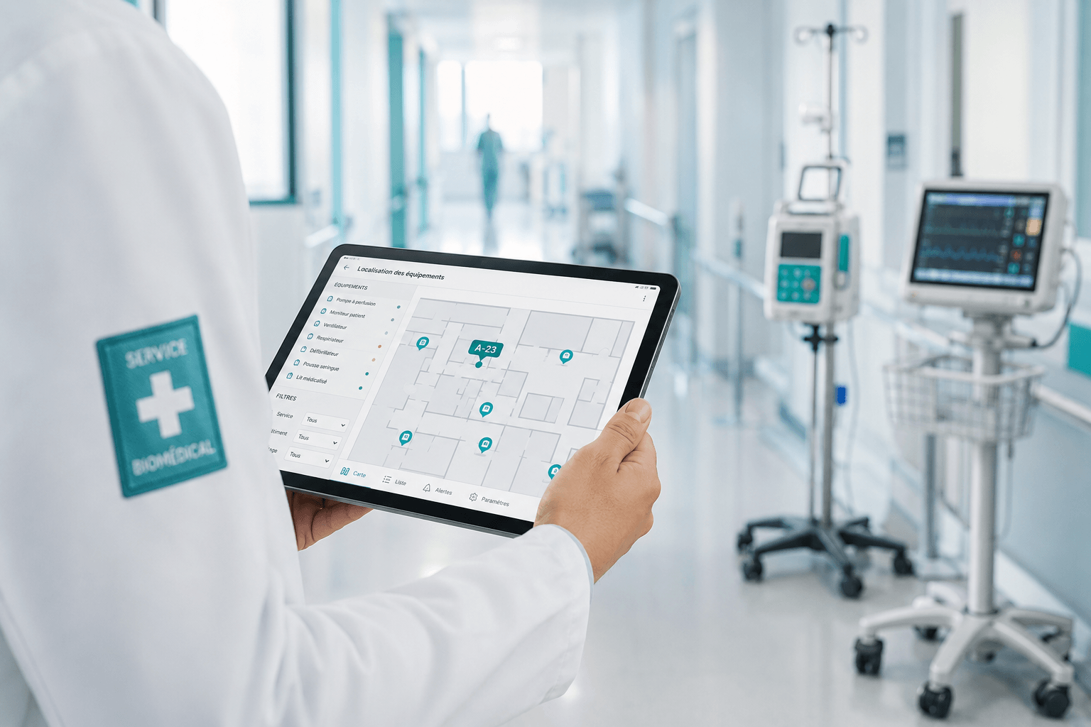 Geolocalización de equipos médicos: un sanitario consulta el mapa de equipos en tableta, plataforma TRAKmy