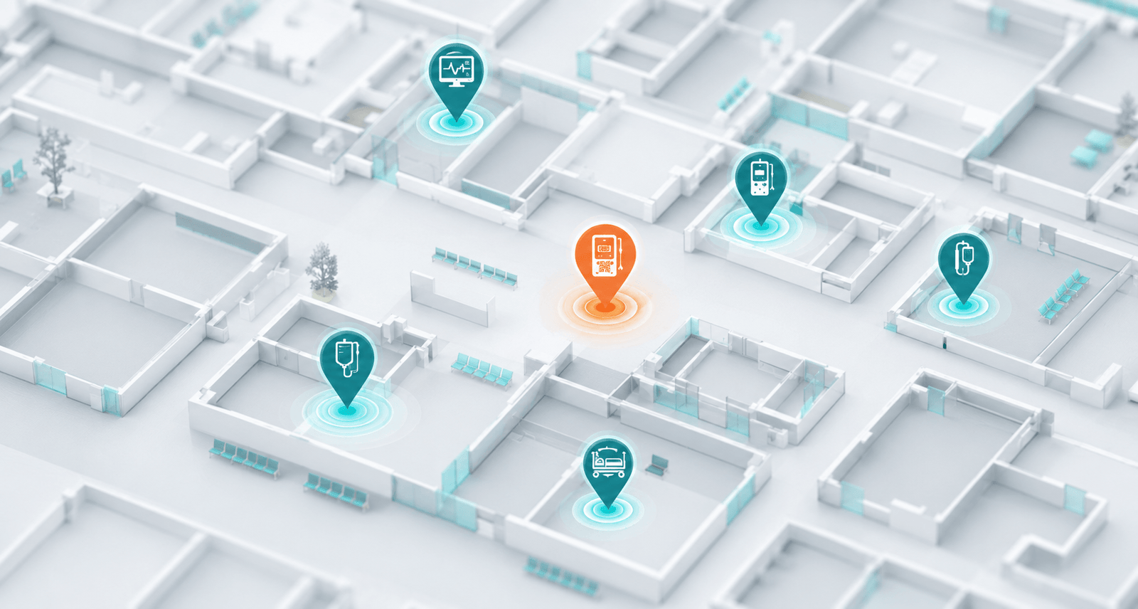Plano de planta de hospital con equipos médicos geolocalizados por geocerca, TRAKmy