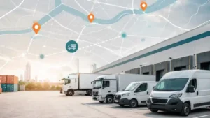 Flota de vehículos de empresa geolocalizada por GPS en un depósito logístico