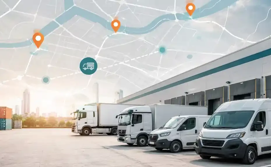 Flota de vehículos de empresa geolocalizada por GPS en un depósito logístico