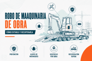 Excavadora cargada en un remolque en una obra, con localizador GPS oculto en el chasis